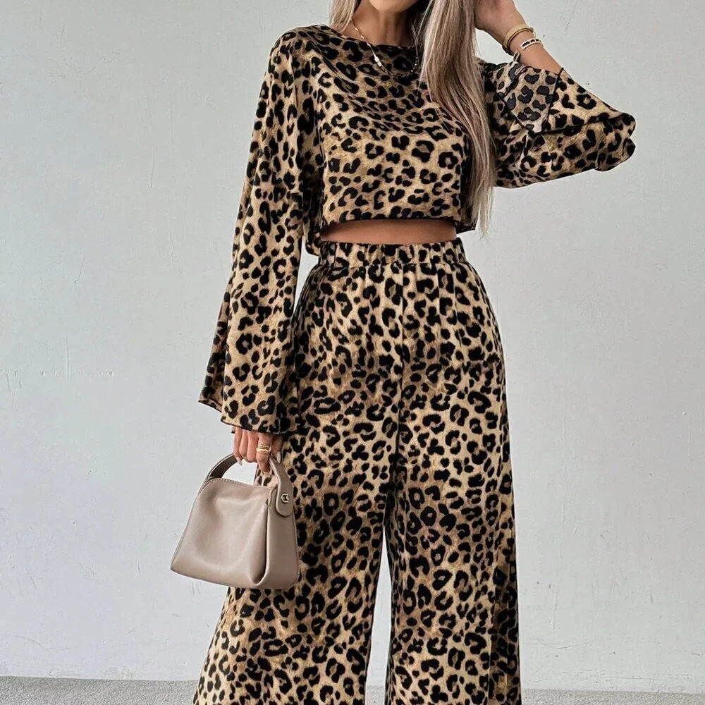 Multicolor Casual Women's Leopard Print Crew Neck Crop Top & Wide Leg Pants Set